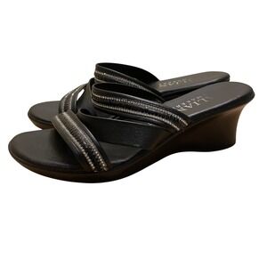 Italian Makers Black Rhinestone Wedge Sandals Slides‎ Made in Italy 6.5